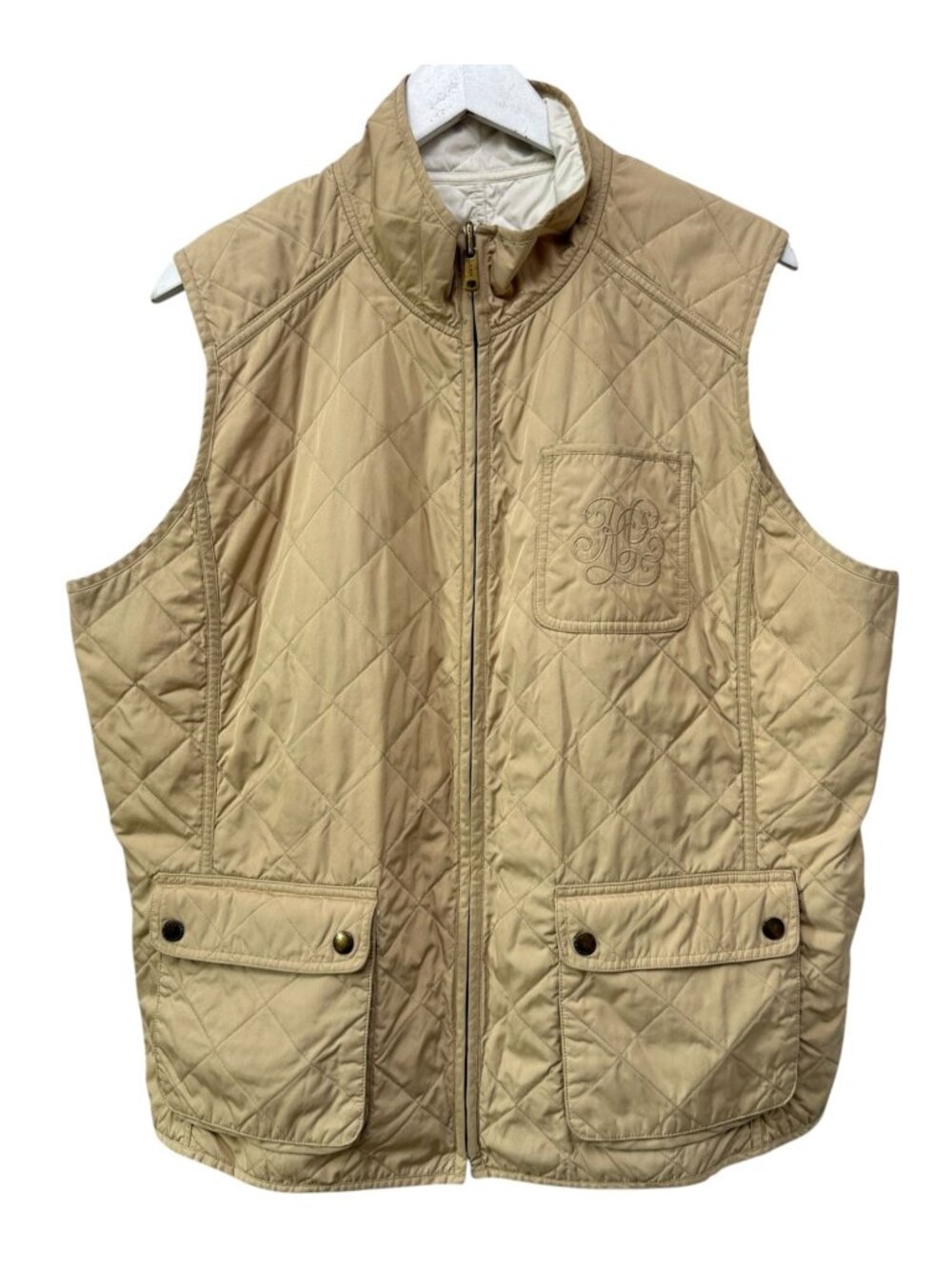 LAUREN Ralph Lauren Quilted Vest Plus Size 2X Reversible Tan Cream Logo Preppy